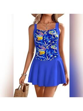 NWT Ekouaer One Piece Skirted Ruched Retro Swimsuit Swim Dress, XL
